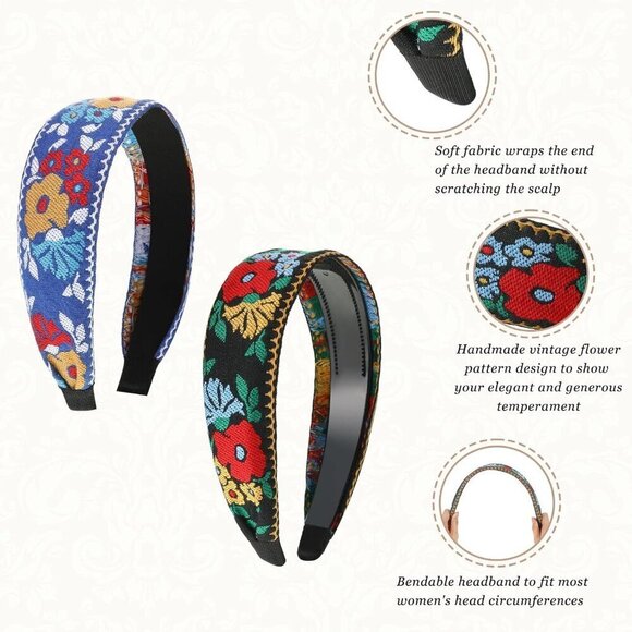 9 Pack Boho Embroidery Headbands for Women Bohemia Floral Wide Hair Accessories main image 5